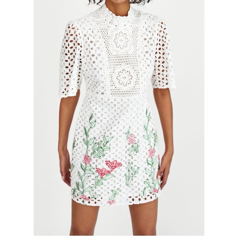 Zara White Eyelet Mini Dress with Pink and Green Floral Design